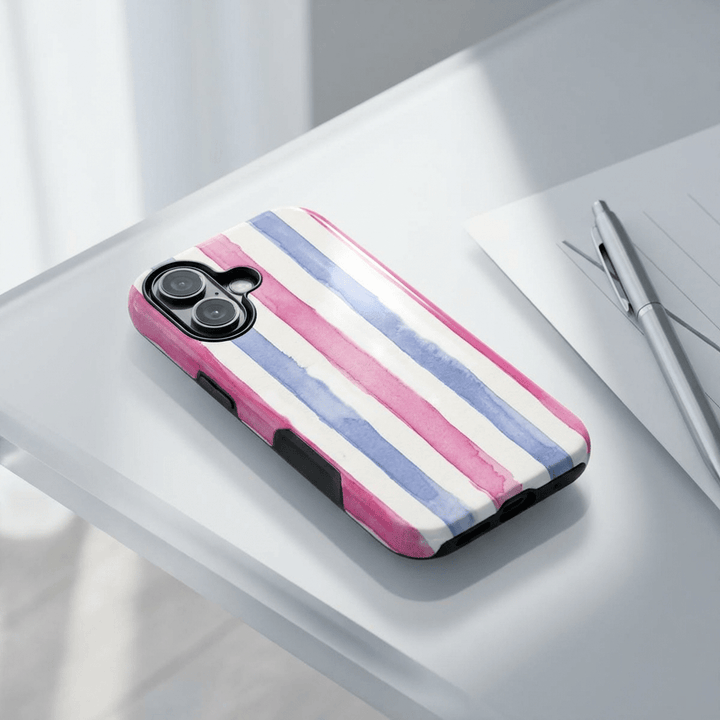 Tough Cute Pink Blue Stripes Phone Case, for IPhone 17 Pro Max | Iphone 17 Air, Iphone 16, IPhone 15, 14 13 12, Samsung Galaxy S26, S25, S24, S23 - Studio40ParkLane
