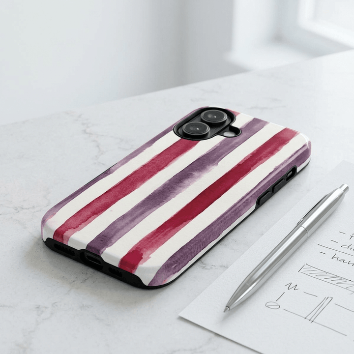 Tough Cute Wine Red Purple Stripes Phone Case, for IPhone 17 Pro Max | Iphone 17 Air, Iphone 16, IPhone 15, 14 13 12, Samsung Galaxy S26, S25, S24, S23 - Studio40ParkLane