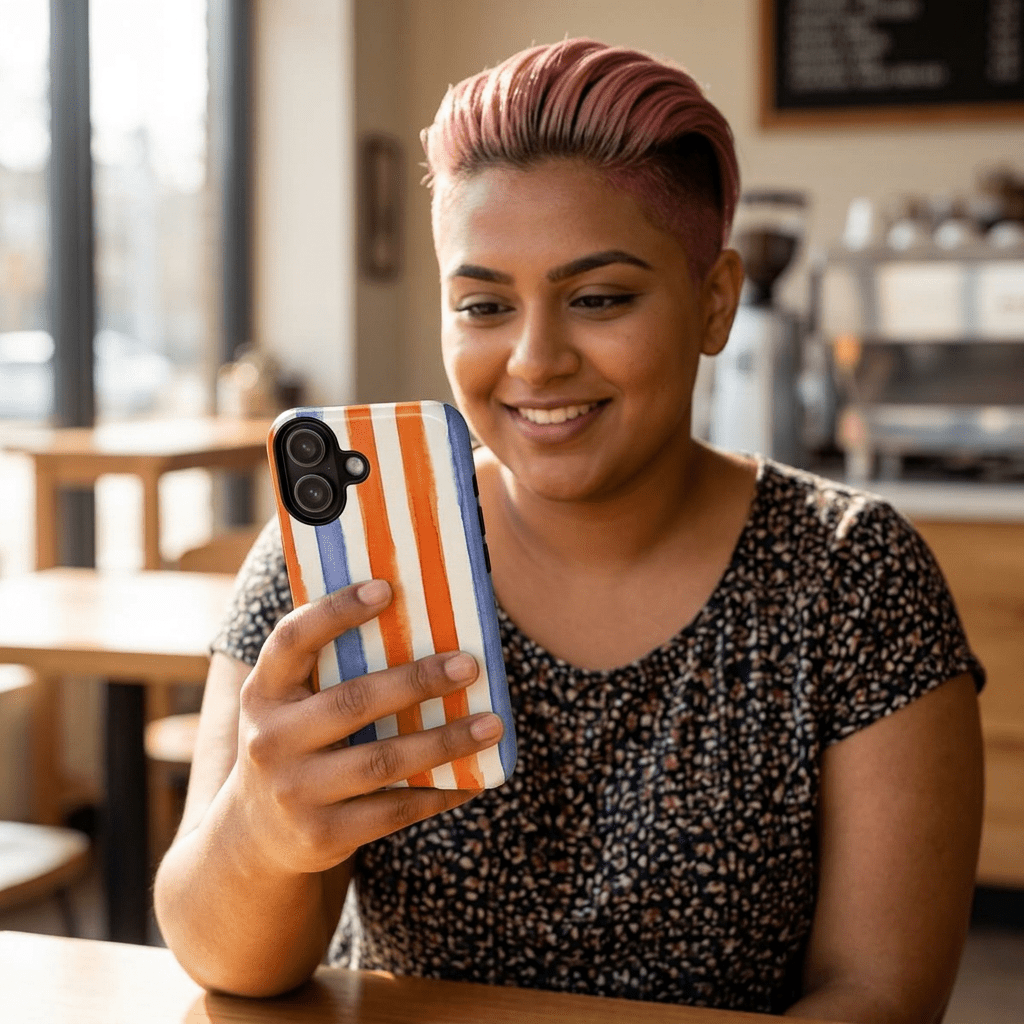 Tough Cute Blue Orange Stripes Phone Case, for IPhone 17 Pro Max | Iphone 17 Air, Iphone 16, IPhone 15, 14 13 12, Samsung Galaxy S26, S25, S24, S23 - Studio40ParkLane