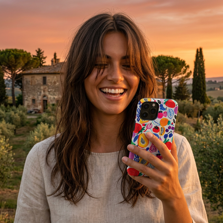 Woman holding a Fruit Design Studio40ParkLane phone with a colorful case in a scenic Tuscan outdoor setting
