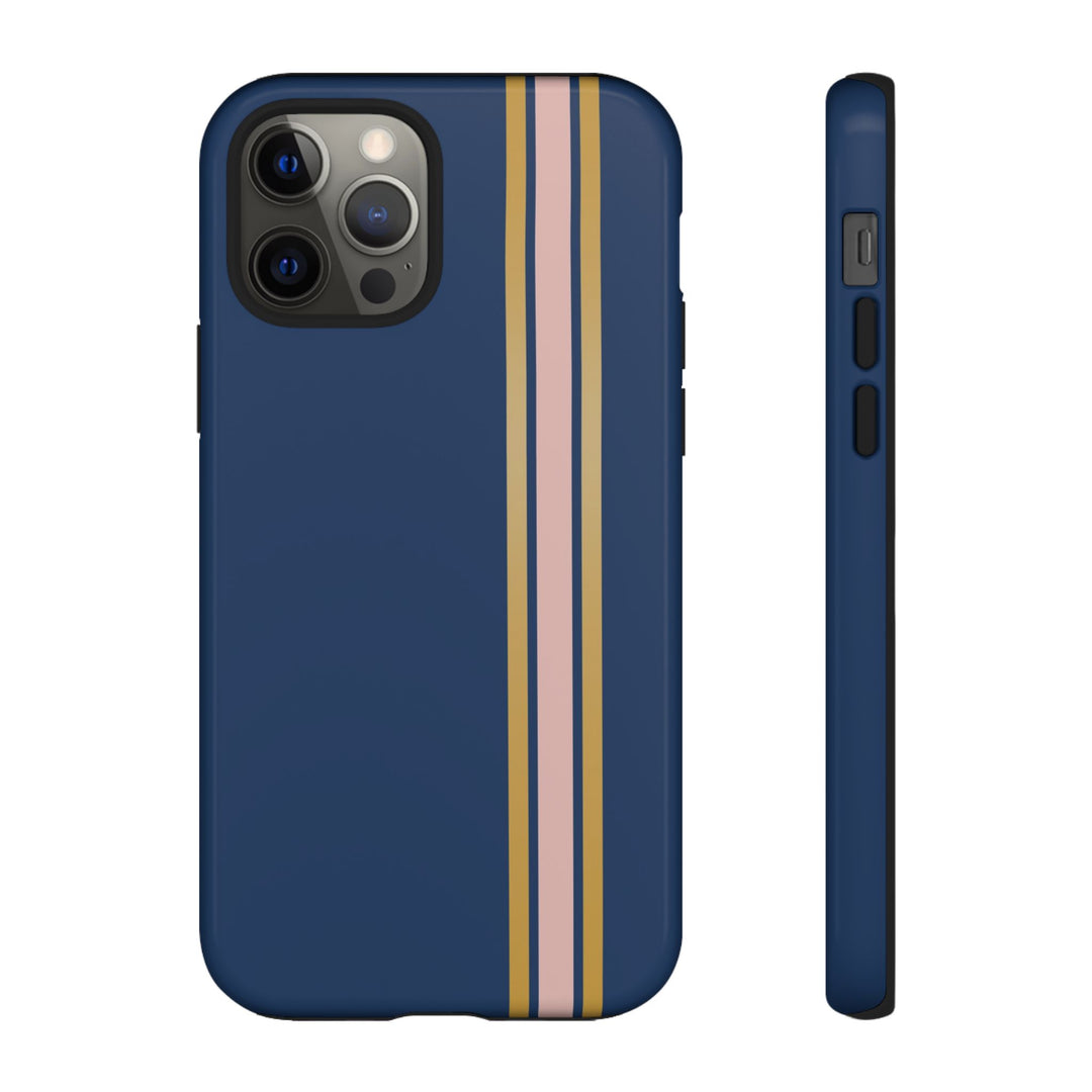 Tough Phone Case Navy Blue Pink Gold Stripe iPhone 18 17 16 15 14 13 12 Pro Max Plus, Samsung Galaxy S26 S25 S24 Ultra Cute Preppy Sport - Studio40ParkLane