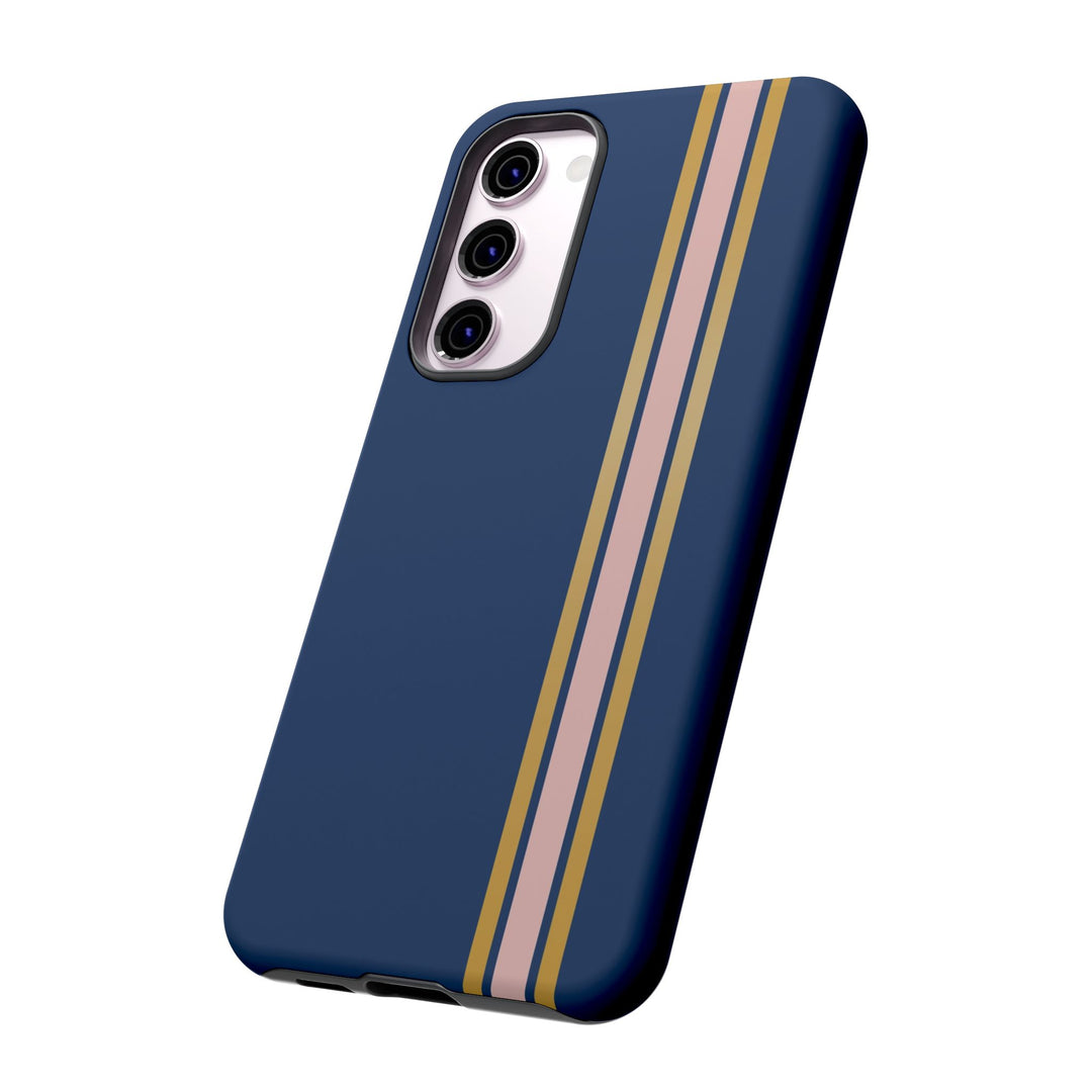 Tough Phone Case Navy Blue Pink Gold Stripe iPhone 18 17 16 15 14 13 12 Pro Max Plus, Samsung Galaxy S26 S25 S24 Ultra Cute Preppy Sport - Studio40ParkLane