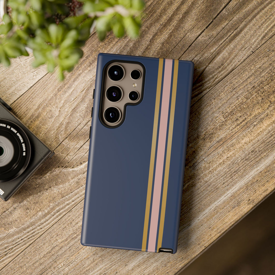 Tough Phone Case Navy Blue Pink Gold Stripe iPhone 18 17 16 15 14 13 12 Pro Max Plus, Samsung Galaxy S26 S25 S24 Ultra Cute Preppy Sport - Studio40ParkLane