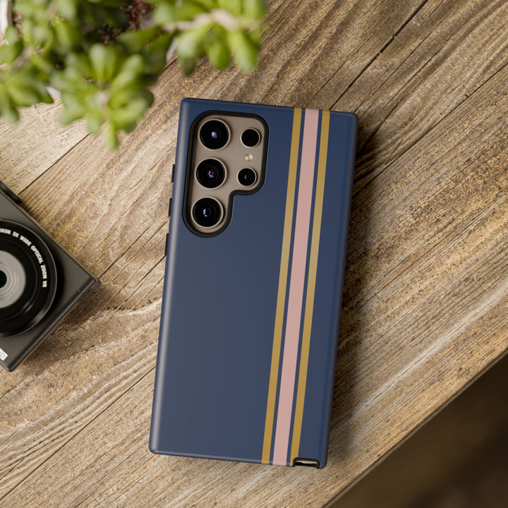 Tough Phone Case Navy Blue Pink Gold Stripe iPhone 18 17 16 15 14 13 12 Pro Max Plus, Samsung Galaxy S26 S25 S24 Ultra Cute Preppy Sport - Studio40ParkLane