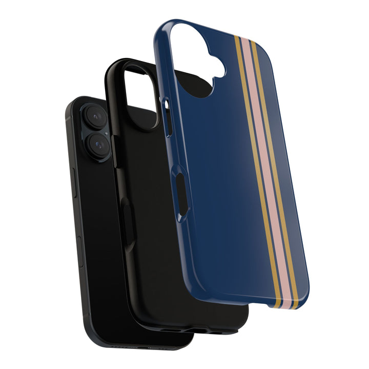 Tough Phone Case Navy Blue Pink Gold Stripe iPhone 18 17 16 15 14 13 12 Pro Max Plus, Samsung Galaxy S26 S25 S24 Ultra Cute Preppy Sport - Studio40ParkLane