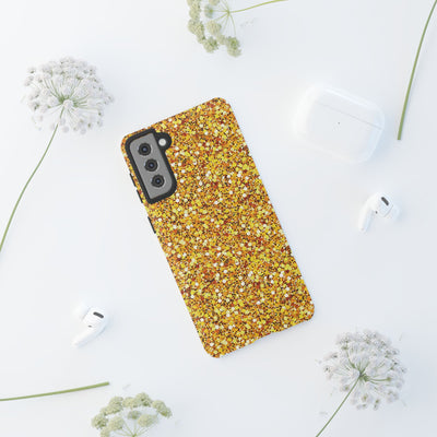 Chic Gold Faux Play on Glitter Effect Cute Phone Case, for IPhone 16 pro Max | Iphone 15, Iphone 14, IPhone 13 Case, 11 8 7, Samsung Galaxy S24, S23, S22, S21, 2 Layer Protection