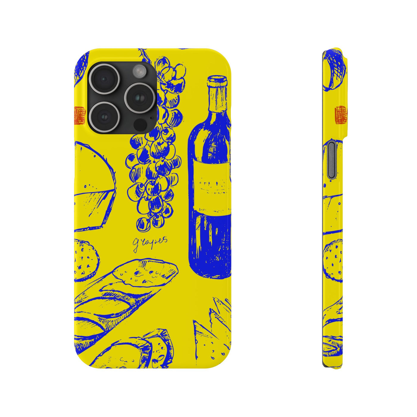 Slim Cute Phone Cases for Iphone  | iPhone 15 Case | iPhone 15 Pro Max Case, Iphone 14, Iphone 14 Pro Max, Iphone 13, French Food Wine Yellow Blue