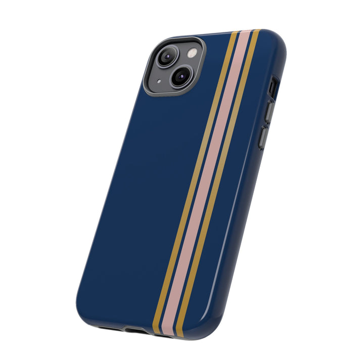 Tough Phone Case Navy Blue Pink Gold Stripe iPhone 18 17 16 15 14 13 12 Pro Max Plus, Samsung Galaxy S26 S25 S24 Ultra Cute Preppy Sport - Studio40ParkLane