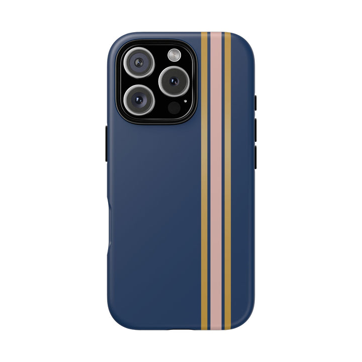 Tough Phone Case Navy Blue Pink Gold Stripe iPhone 18 17 16 15 14 13 12 Pro Max Plus, Samsung Galaxy S26 S25 S24 Ultra Cute Preppy Sport - Studio40ParkLane
