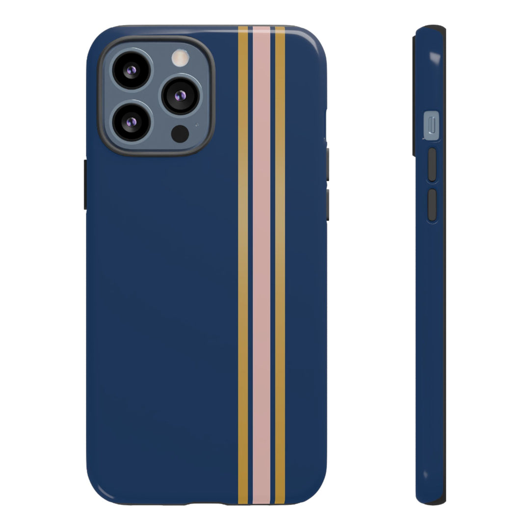 Tough Phone Case Navy Blue Pink Gold Stripe iPhone 18 17 16 15 14 13 12 Pro Max Plus, Samsung Galaxy S26 S25 S24 Ultra Cute Preppy Sport - Studio40ParkLane