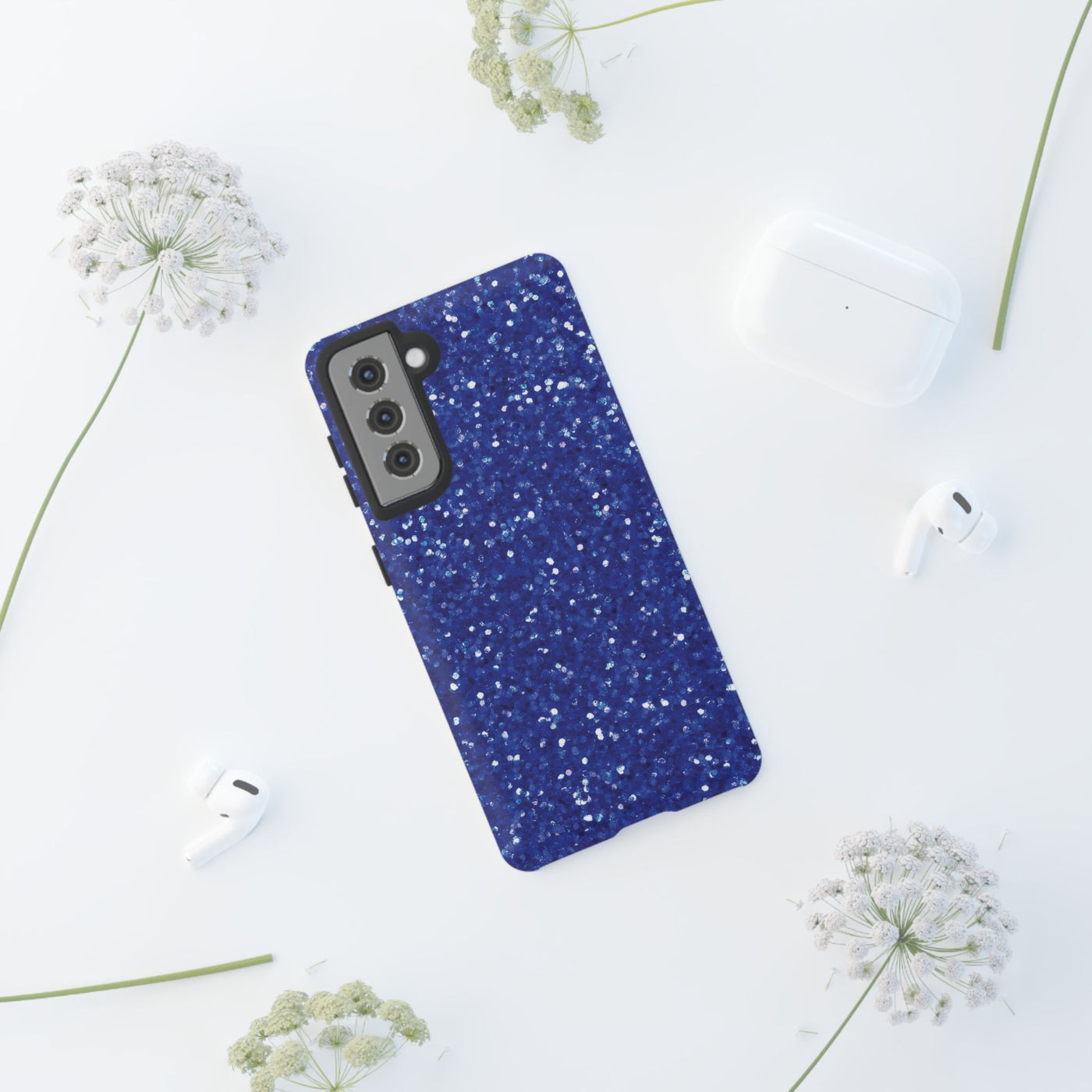 Chic Blue Faux Play on Glitter Effect Cute Phone Case, for IPhone 16 pro Max | Iphone 15, Iphone 14, IPhone 13 Case, 11 8 7, Samsung Galaxy S24, S23, S22, S21, 2 Layer Protection