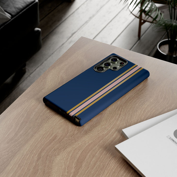 Tough Phone Case Navy Blue Pink Gold Stripe iPhone 18 17 16 15 14 13 12 Pro Max Plus, Samsung Galaxy S26 S25 S24 Ultra Cute Preppy Sport - Studio40ParkLane