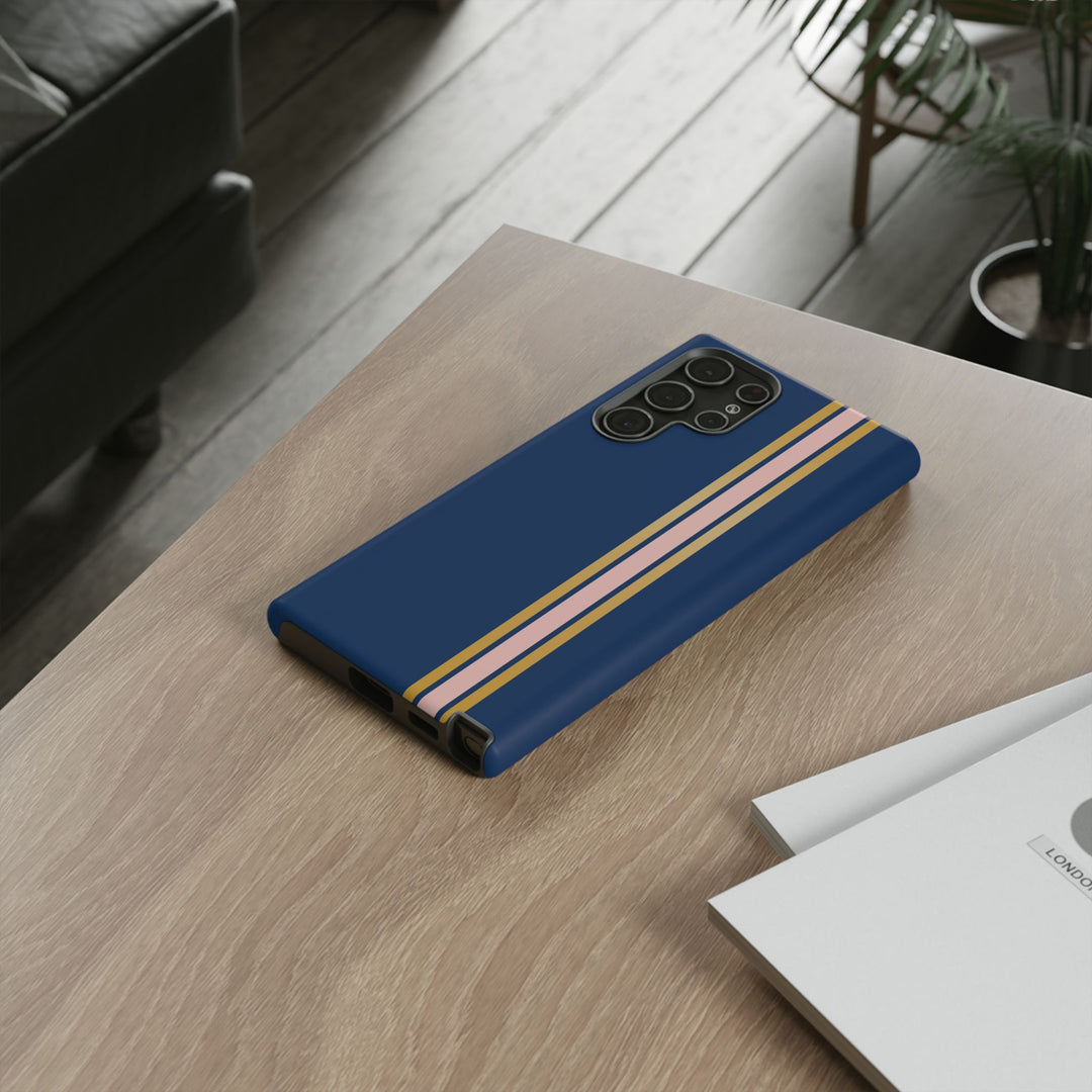 Tough Phone Case Navy Blue Pink Gold Stripe iPhone 18 17 16 15 14 13 12 Pro Max Plus, Samsung Galaxy S26 S25 S24 Ultra Cute Preppy Sport - Studio40ParkLane