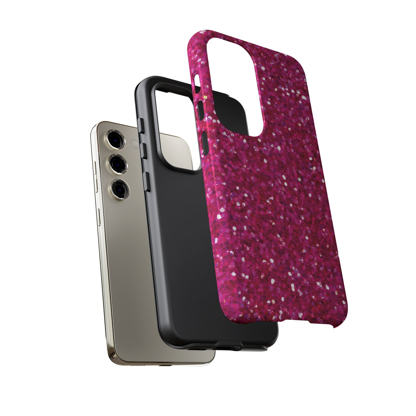 Chic Pink Faux Play on Glitter Effect Cute Phone Case, for IPhone 16 pro Max | Iphone 15, Iphone 14, IPhone 13 Case, 11 8 7, Samsung Galaxy S24, S23, S22, S21, 2 Layer Protection