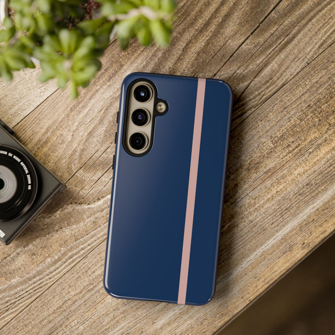 Tough Phone Case Navy Blue Orange Stripe iPhone 18 17 16 15 14 13 12 Pro Max Plus, Samsung Galaxy S26 S25 S24 Ultra Cute Preppy Sport - Studio40ParkLane