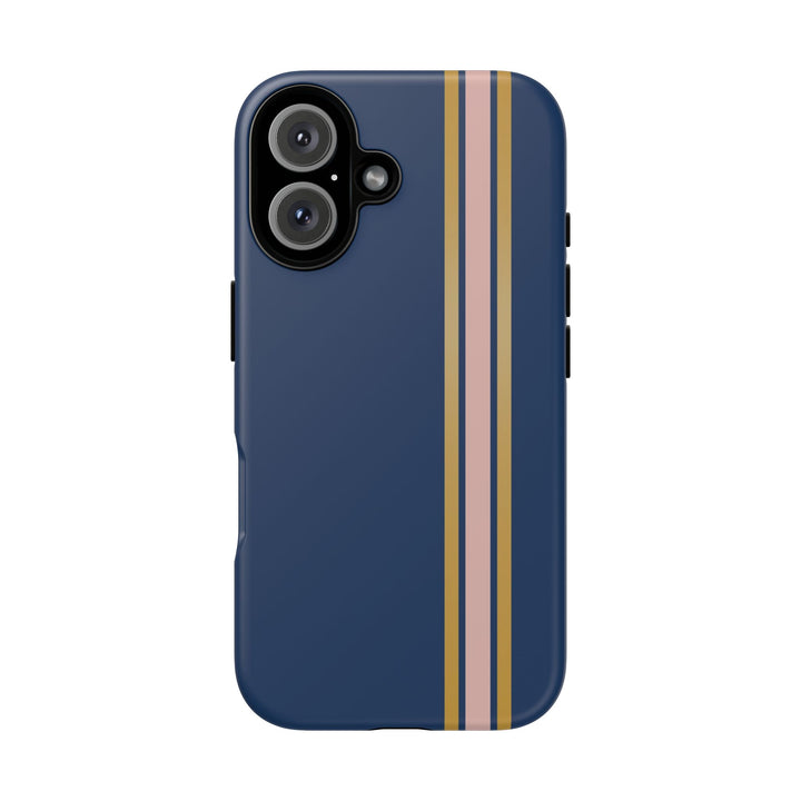 Tough Phone Case Navy Blue Pink Gold Stripe iPhone 18 17 16 15 14 13 12 Pro Max Plus, Samsung Galaxy S26 S25 S24 Ultra Cute Preppy Sport - Studio40ParkLane