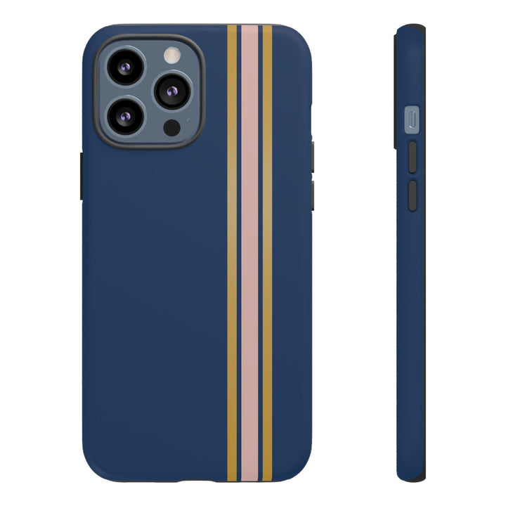 Tough Phone Case Navy Blue Pink Gold Stripe iPhone 18 17 16 15 14 13 12 Pro Max Plus, Samsung Galaxy S26 S25 S24 Ultra Cute Preppy Sport - Studio40ParkLane