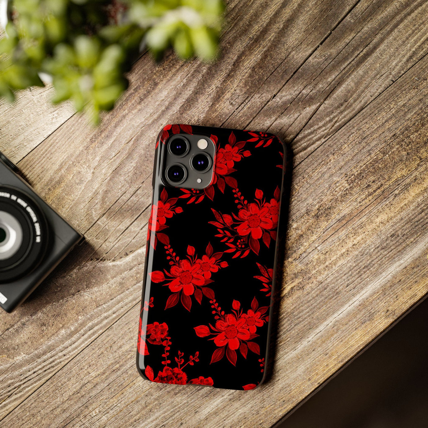 Slim Cute Phone Cases for Iphone - | iPhone 15 Case | iPhone 15 Pro Max Case, Iphone 14 Case, Iphone 14 Pro Max, Iphone 13, Red Black Flowers