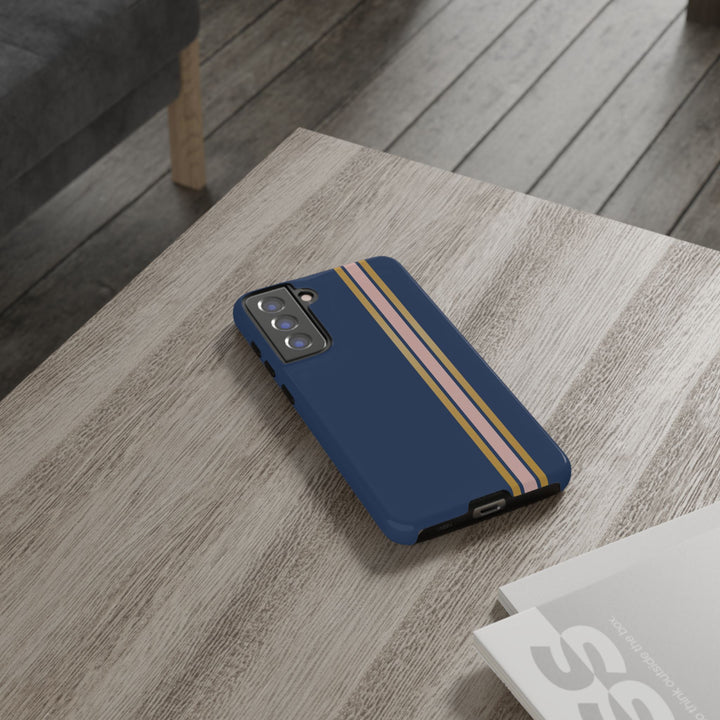 Tough Phone Case Navy Blue Pink Gold Stripe iPhone 18 17 16 15 14 13 12 Pro Max Plus, Samsung Galaxy S26 S25 S24 Ultra Cute Preppy Sport - Studio40ParkLane