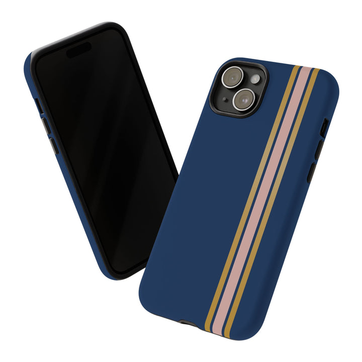 Tough Phone Case Navy Blue Pink Gold Stripe iPhone 18 17 16 15 14 13 12 Pro Max Plus, Samsung Galaxy S26 S25 S24 Ultra Cute Preppy Sport - Studio40ParkLane