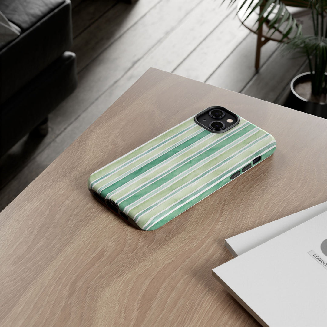 Aesthetic Tough Green Watercolor Stripes Premium Phone Case - For iPhone 17 Pro Max iPhone 16 Pro iPhone 15 Iphone 14 Plus 13 Pro 12 11 10 - Studio40ParkLane