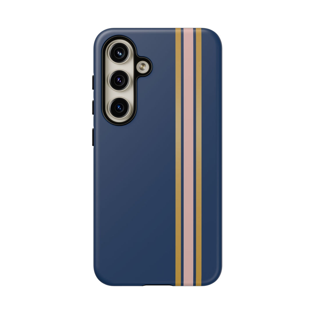 Tough Phone Case Navy Blue Pink Gold Stripe iPhone 18 17 16 15 14 13 12 Pro Max Plus, Samsung Galaxy S26 S25 S24 Ultra Cute Preppy Sport - Studio40ParkLane