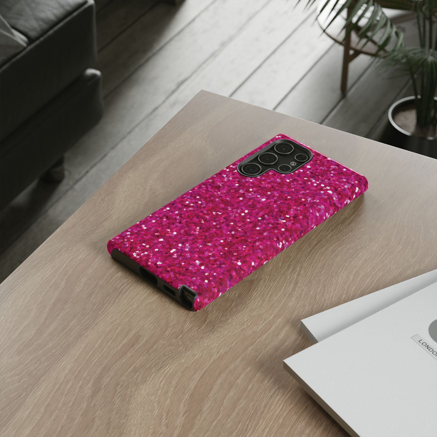 Chic Pink Faux Play on Glitter Effect Cute Phone Case, for IPhone 16 pro Max | Iphone 15, Iphone 14, IPhone 13 Case, 11 8 7, Samsung Galaxy S24, S23, S22, S21, 2 Layer Protection