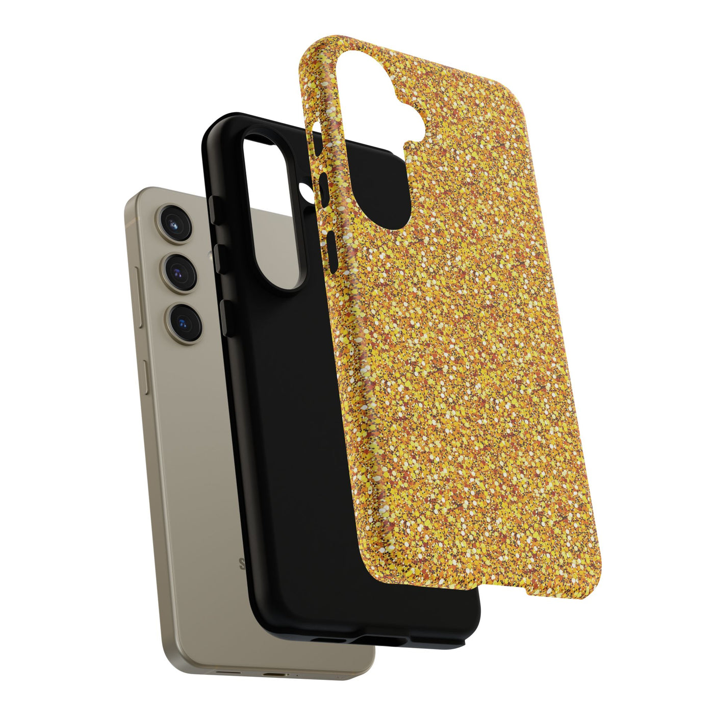 Chic Gold Faux Play on Glitter Effect Cute Phone Case, for IPhone 16 pro Max | Iphone 15, Iphone 14, IPhone 13 Case, 11 8 7, Samsung Galaxy S24, S23, S22, S21, 2 Layer Protection