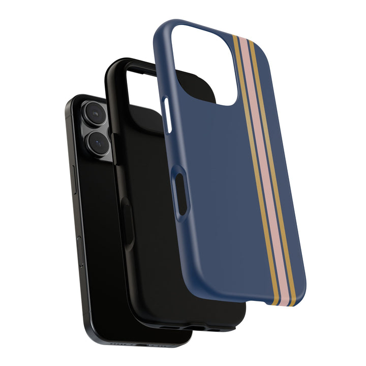 Tough Phone Case Navy Blue Pink Gold Stripe iPhone 18 17 16 15 14 13 12 Pro Max Plus, Samsung Galaxy S26 S25 S24 Ultra Cute Preppy Sport - Studio40ParkLane