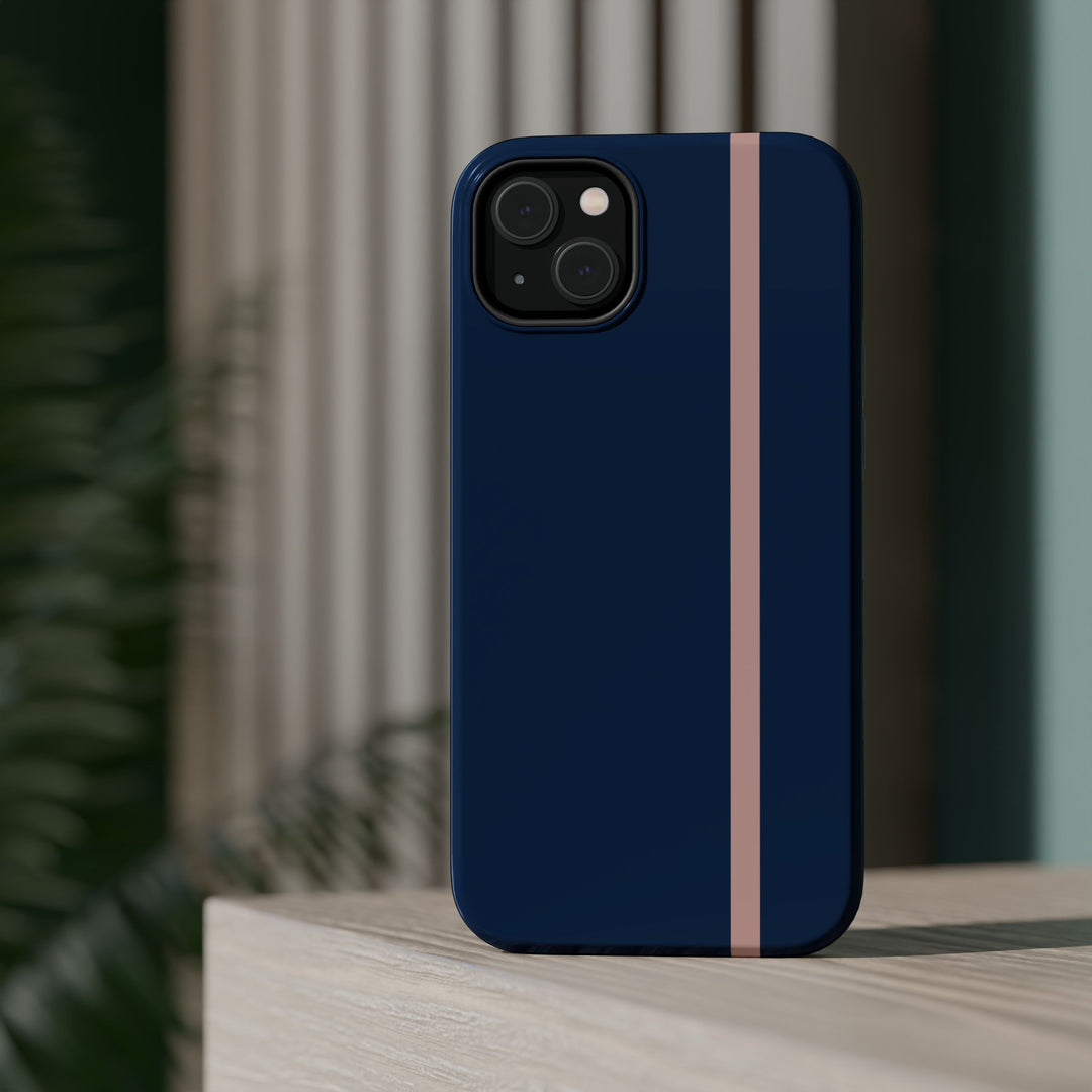 MagSafe Navy Blue Blush Pink Stripe Tough Phone Case iPhone 18 17 16 15 14 13 Pro Max Samsung Galaxy S26 Dual Layer Modern Luxury Cover - Studio40ParkLane