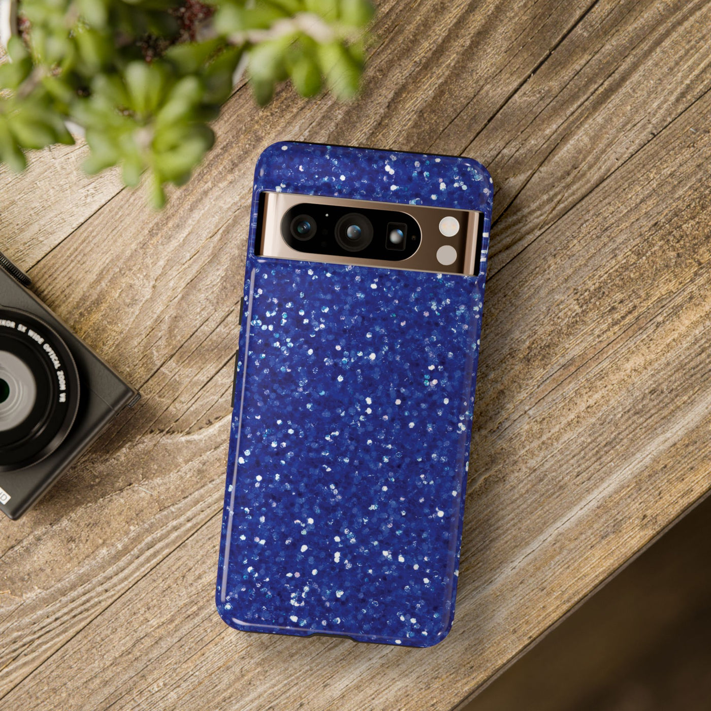 Chic Blue Faux Play on Glitter Effect Cute Phone Case, for IPhone 16 pro Max | Iphone 15, Iphone 14, IPhone 13 Case, 11 8 7, Samsung Galaxy S24, S23, S22, S21, 2 Layer Protection