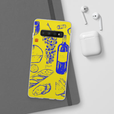 Cute Flexi Phone Cases, French Food Wine Yellow Blue, Compatible with Samsung Galaxy S23, Samsung S22, Samsung S21, Samsung S20, Galaxy S20 Ultra