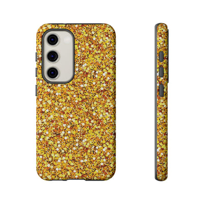 Chic Gold Faux Play on Glitter Effect Cute Phone Case, for IPhone 16 pro Max | Iphone 15, Iphone 14, IPhone 13 Case, 11 8 7, Samsung Galaxy S24, S23, S22, S21, 2 Layer Protection