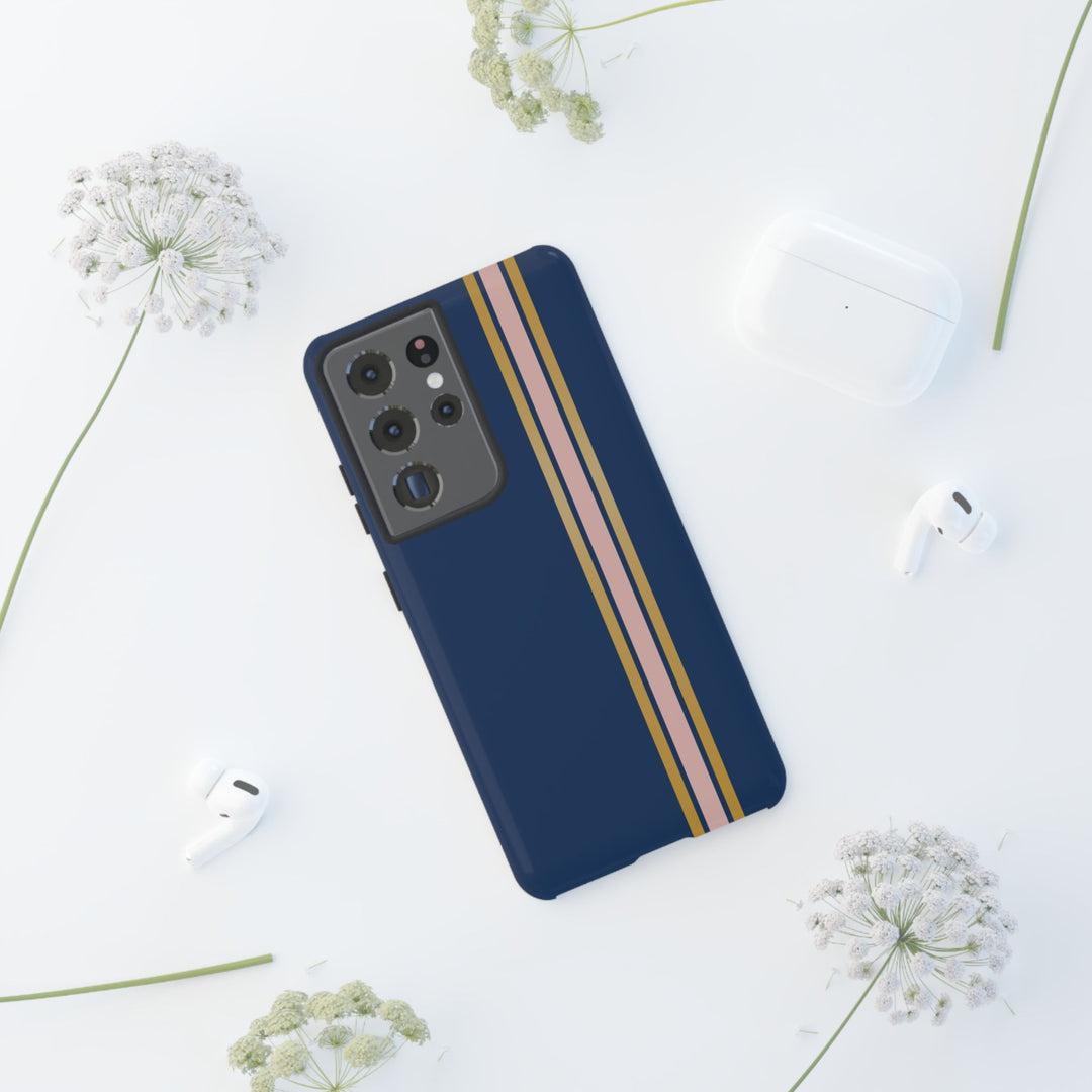 Tough Phone Case Navy Blue Pink Gold Stripe iPhone 18 17 16 15 14 13 12 Pro Max Plus, Samsung Galaxy S26 S25 S24 Ultra Cute Preppy Sport - Studio40ParkLane