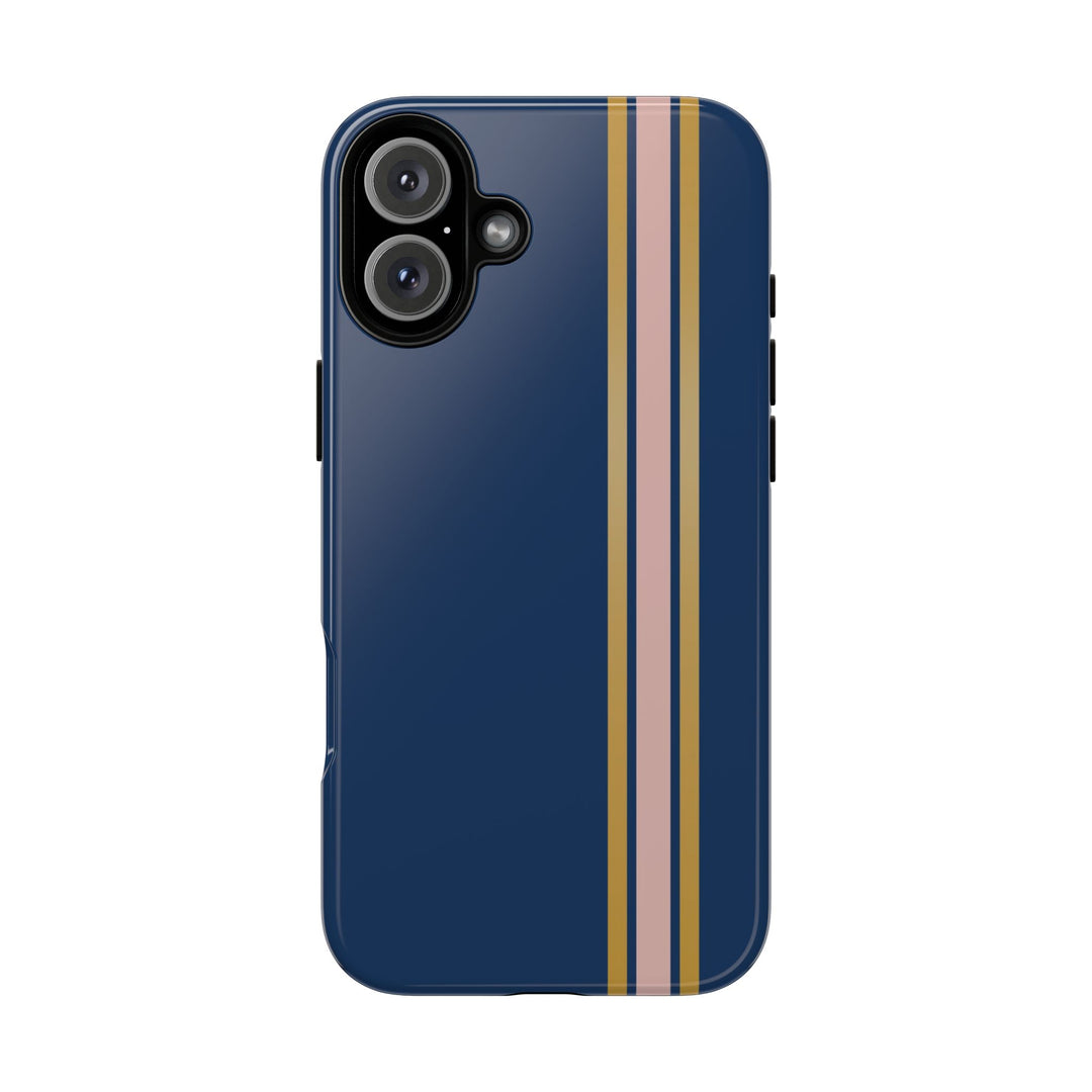 Tough Phone Case Navy Blue Pink Gold Stripe iPhone 18 17 16 15 14 13 12 Pro Max Plus, Samsung Galaxy S26 S25 S24 Ultra Cute Preppy Sport - Studio40ParkLane