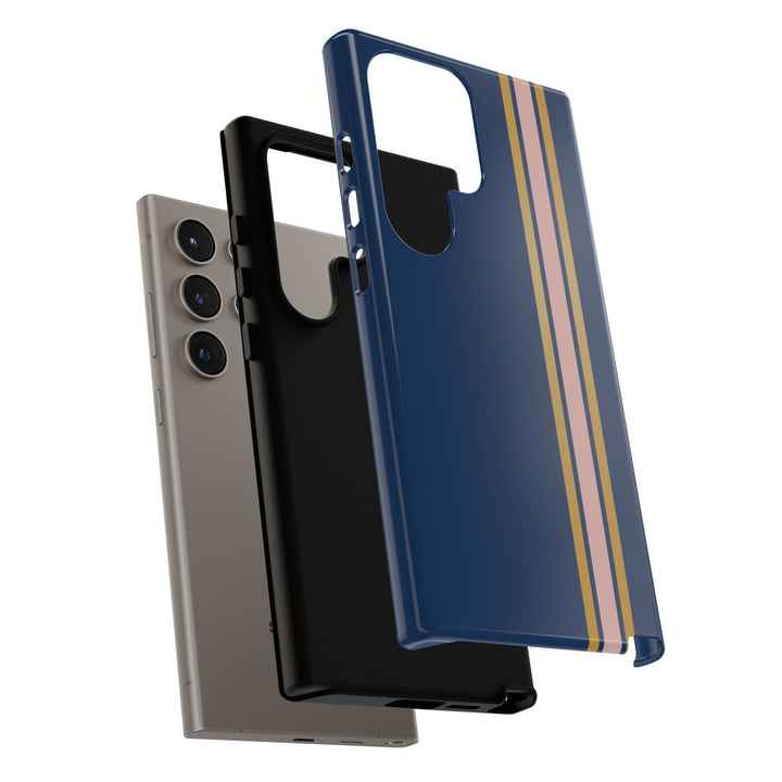 Tough Phone Case Navy Blue Pink Gold Stripe iPhone 18 17 16 15 14 13 12 Pro Max Plus, Samsung Galaxy S26 S25 S24 Ultra Cute Preppy Sport - Studio40ParkLane