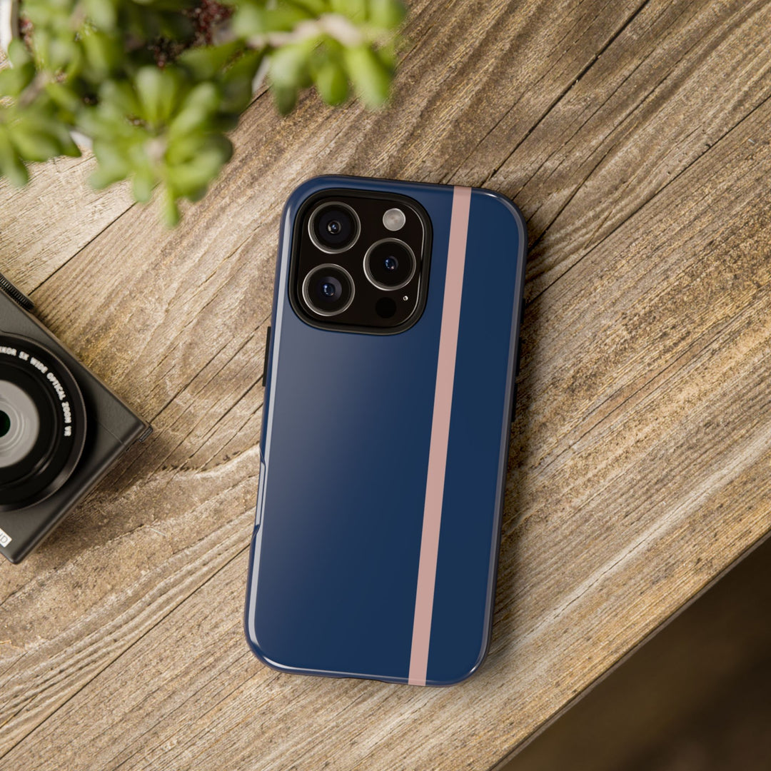 Tough Phone Case Navy Blue Orange Stripe iPhone 18 17 16 15 14 13 12 Pro Max Plus, Samsung Galaxy S26 S25 S24 Ultra Cute Preppy Sport - Studio40ParkLane