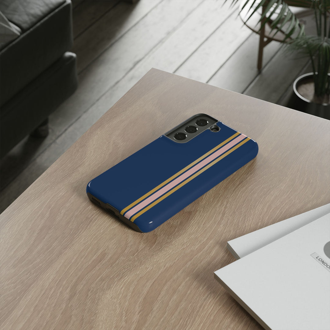 Tough Phone Case Navy Blue Pink Gold Stripe iPhone 18 17 16 15 14 13 12 Pro Max Plus, Samsung Galaxy S26 S25 S24 Ultra Cute Preppy Sport - Studio40ParkLane