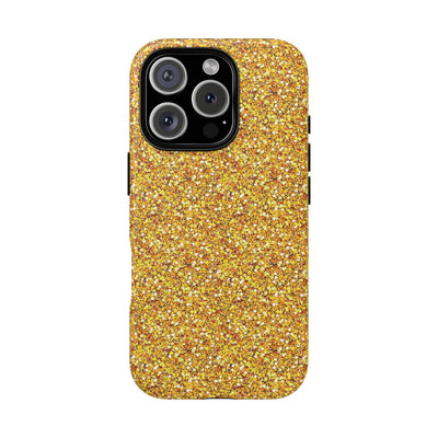 Chic Gold Faux Play on Glitter Effect Cute Phone Case, for IPhone 16 pro Max | Iphone 15, Iphone 14, IPhone 13 Case, 11 8 7, Samsung Galaxy S24, S23, S22, S21, 2 Layer Protection