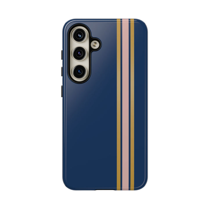 Tough Phone Case Navy Blue Pink Gold Stripe iPhone 18 17 16 15 14 13 12 Pro Max Plus, Samsung Galaxy S26 S25 S24 Ultra Cute Preppy Sport - Studio40ParkLane
