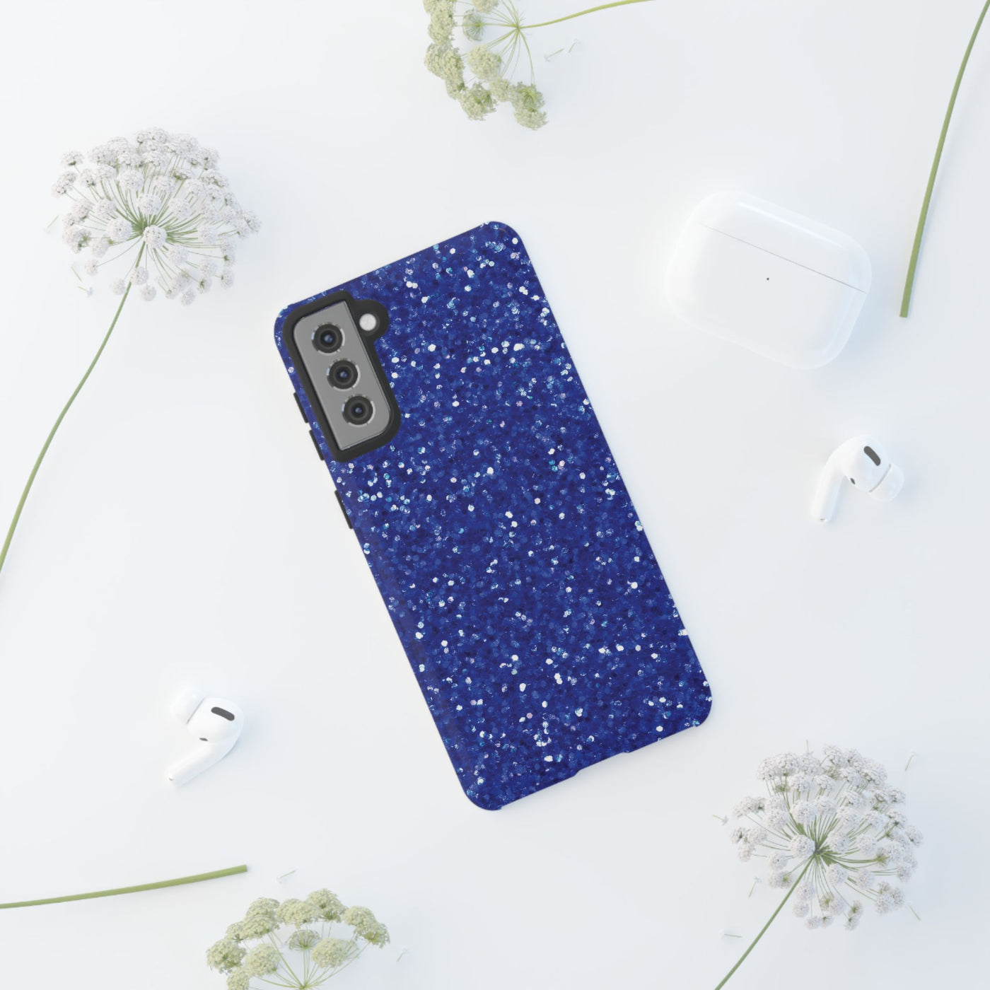 Chic Blue Faux Play on Glitter Effect Cute Phone Case, for IPhone 16 pro Max | Iphone 15, Iphone 14, IPhone 13 Case, 11 8 7, Samsung Galaxy S24, S23, S22, S21, 2 Layer Protection