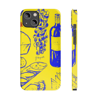 Slim Cute Phone Cases for Iphone  | iPhone 15 Case | iPhone 15 Pro Max Case, Iphone 14, Iphone 14 Pro Max, Iphone 13, French Food Wine Yellow Blue