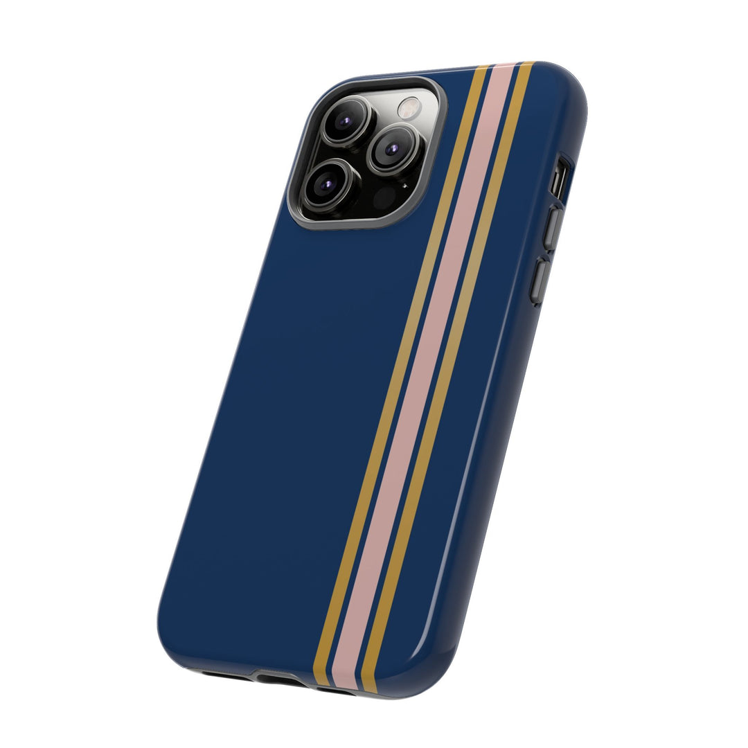 Tough Phone Case Navy Blue Pink Gold Stripe iPhone 18 17 16 15 14 13 12 Pro Max Plus, Samsung Galaxy S26 S25 S24 Ultra Cute Preppy Sport - Studio40ParkLane