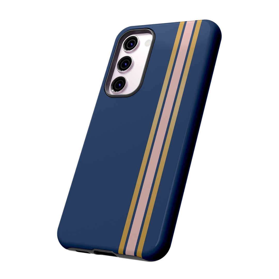 Tough Phone Case Navy Blue Pink Gold Stripe iPhone 18 17 16 15 14 13 12 Pro Max Plus, Samsung Galaxy S26 S25 S24 Ultra Cute Preppy Sport - Studio40ParkLane