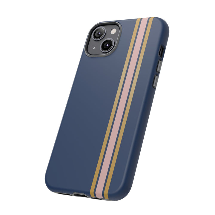 Tough Phone Case Navy Blue Pink Gold Stripe iPhone 18 17 16 15 14 13 12 Pro Max Plus, Samsung Galaxy S26 S25 S24 Ultra Cute Preppy Sport - Studio40ParkLane
