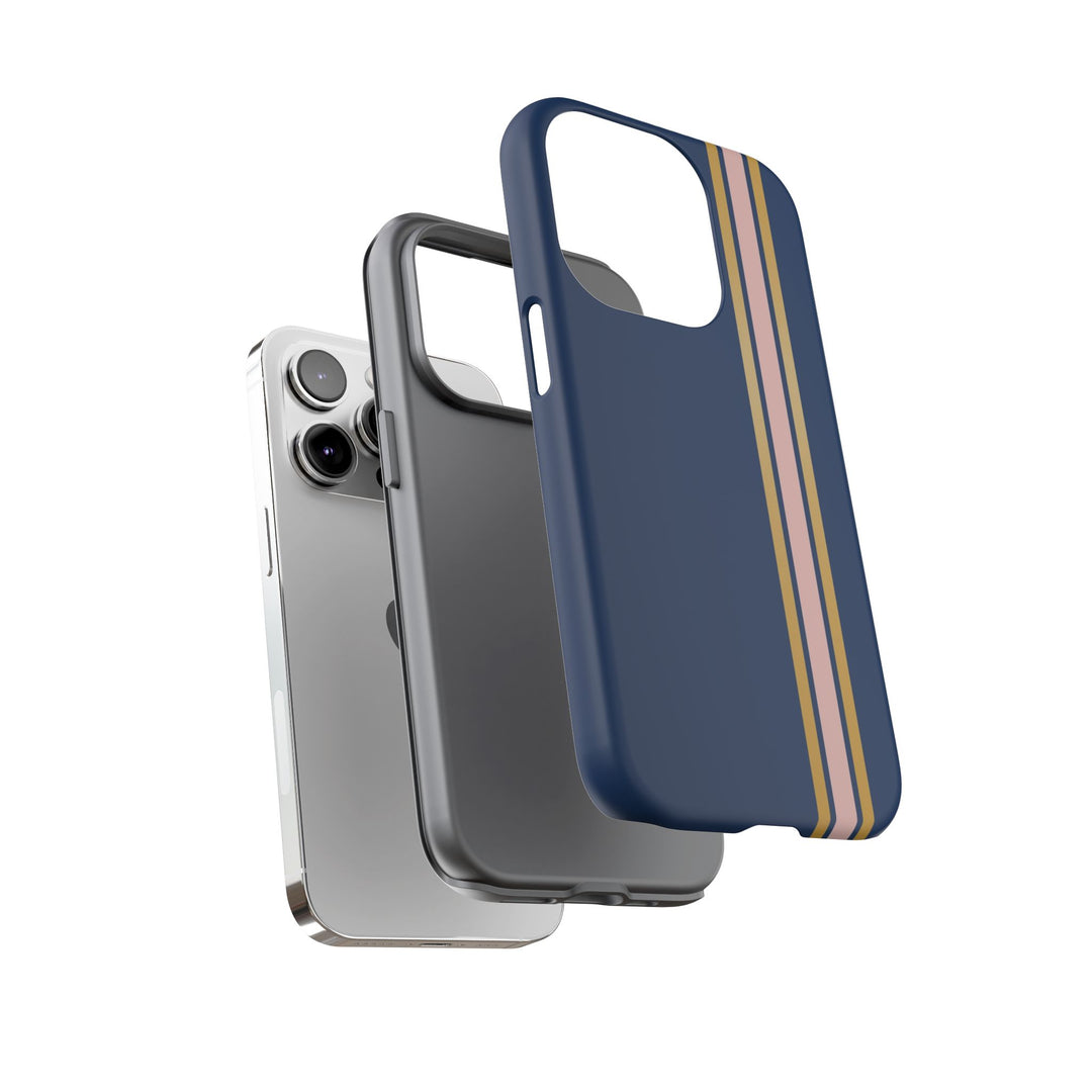 Tough Phone Case Navy Blue Pink Gold Stripe iPhone 18 17 16 15 14 13 12 Pro Max Plus, Samsung Galaxy S26 S25 S24 Ultra Cute Preppy Sport - Studio40ParkLane