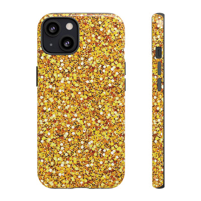 Chic Gold Faux Play on Glitter Effect Cute Phone Case, for IPhone 16 pro Max | Iphone 15, Iphone 14, IPhone 13 Case, 11 8 7, Samsung Galaxy S24, S23, S22, S21, 2 Layer Protection