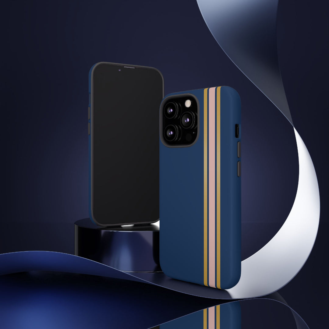 Tough Phone Case Navy Blue Pink Gold Stripe iPhone 18 17 16 15 14 13 12 Pro Max Plus, Samsung Galaxy S26 S25 S24 Ultra Cute Preppy Sport - Studio40ParkLane