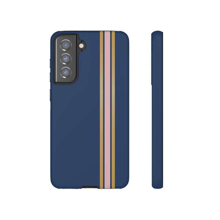 Tough Phone Case Navy Blue Pink Gold Stripe iPhone 18 17 16 15 14 13 12 Pro Max Plus, Samsung Galaxy S26 S25 S24 Ultra Cute Preppy Sport - Studio40ParkLane