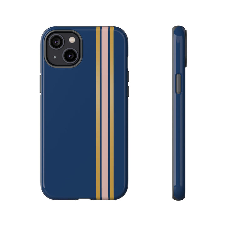 Tough Phone Case Navy Blue Pink Gold Stripe iPhone 18 17 16 15 14 13 12 Pro Max Plus, Samsung Galaxy S26 S25 S24 Ultra Cute Preppy Sport - Studio40ParkLane
